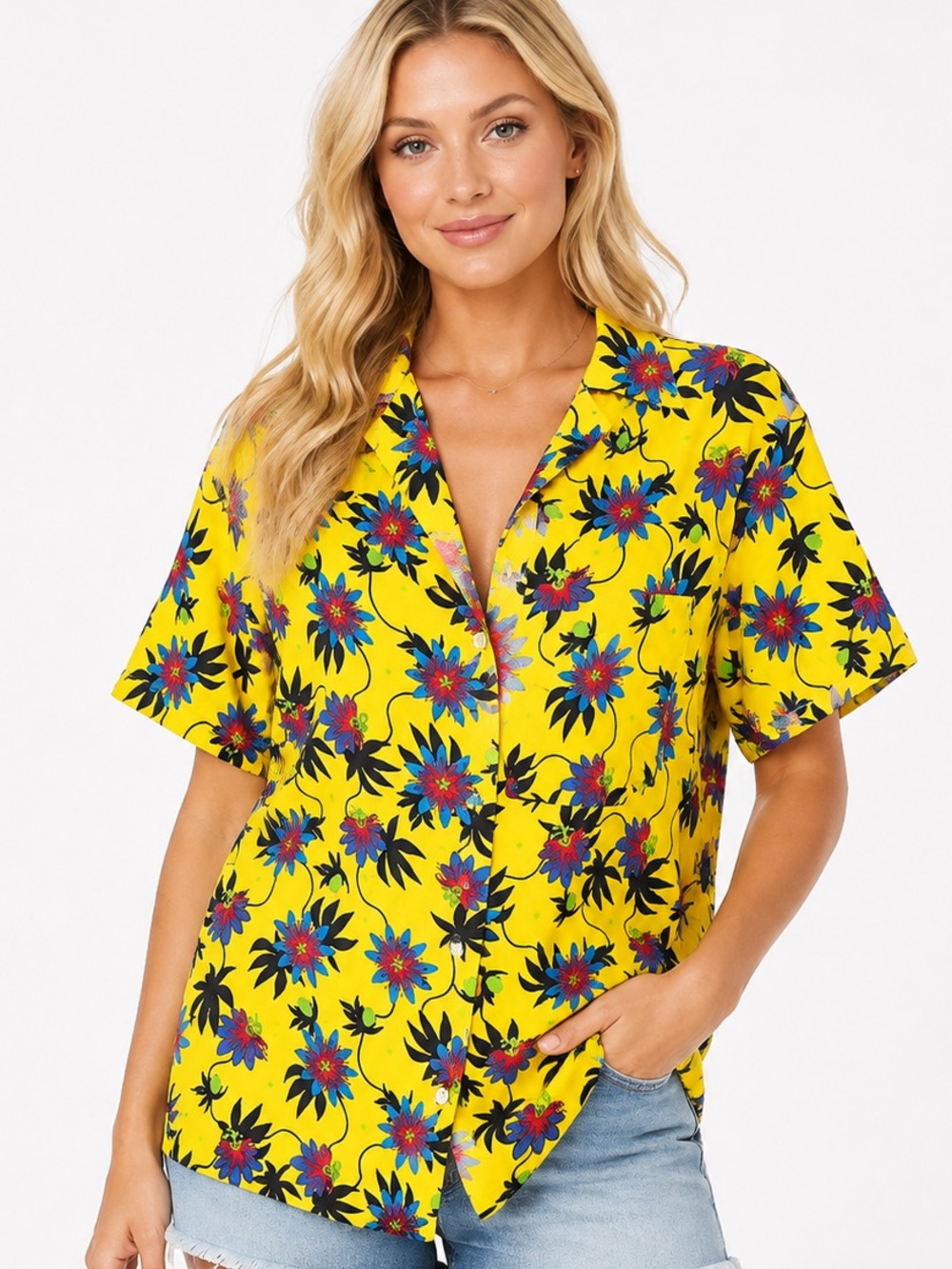 NWT Lhd 100% Silk Size XS Oversized Yellow Floral Button-Front Women's Shirt
